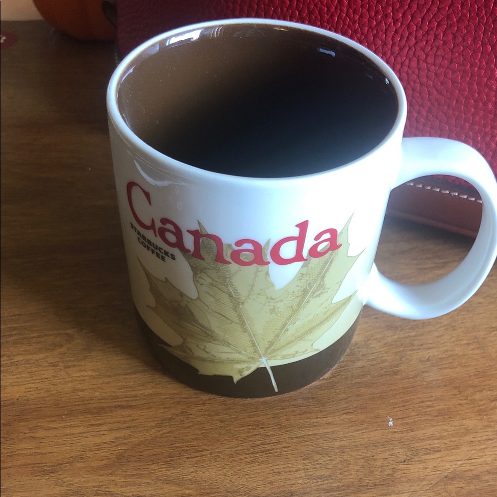 Starbucks Canada White Mug with Red Lettering and Brown Interior